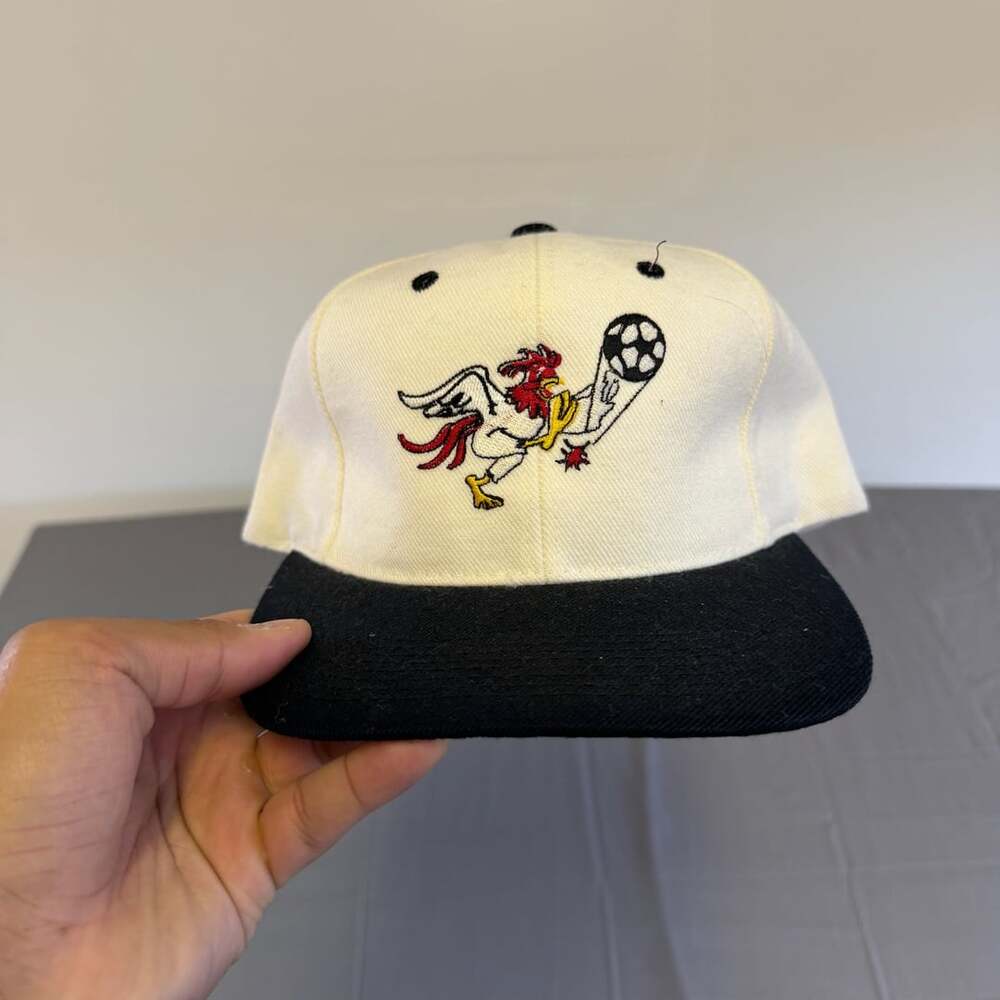 Vintage Rooster Soccer Snapback Hat White Black Embroidered Graphic